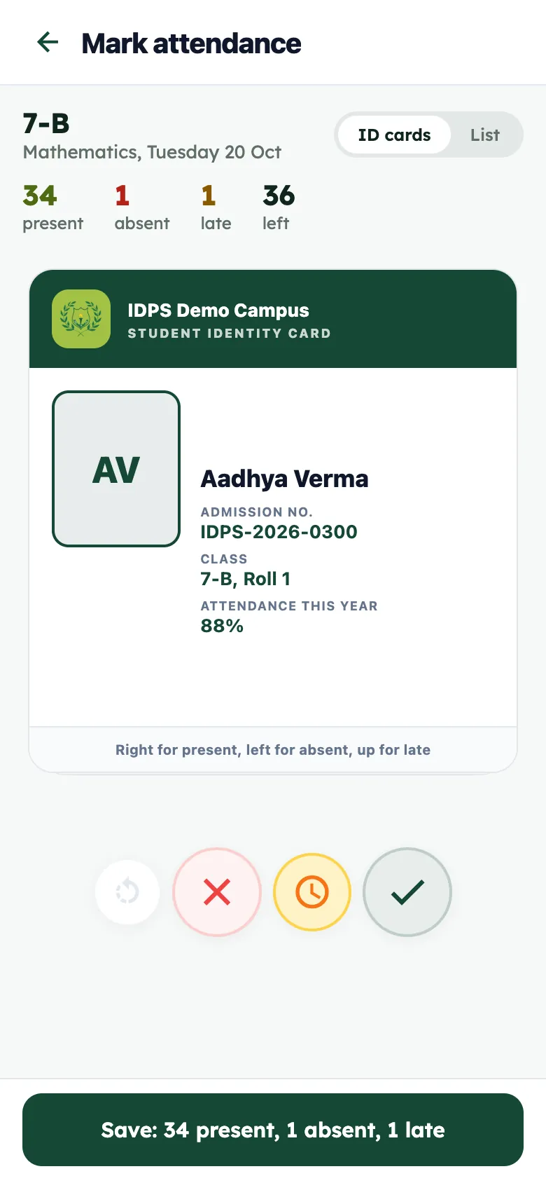 IDPS Staff app swipe-card attendance, one student ID card at a time