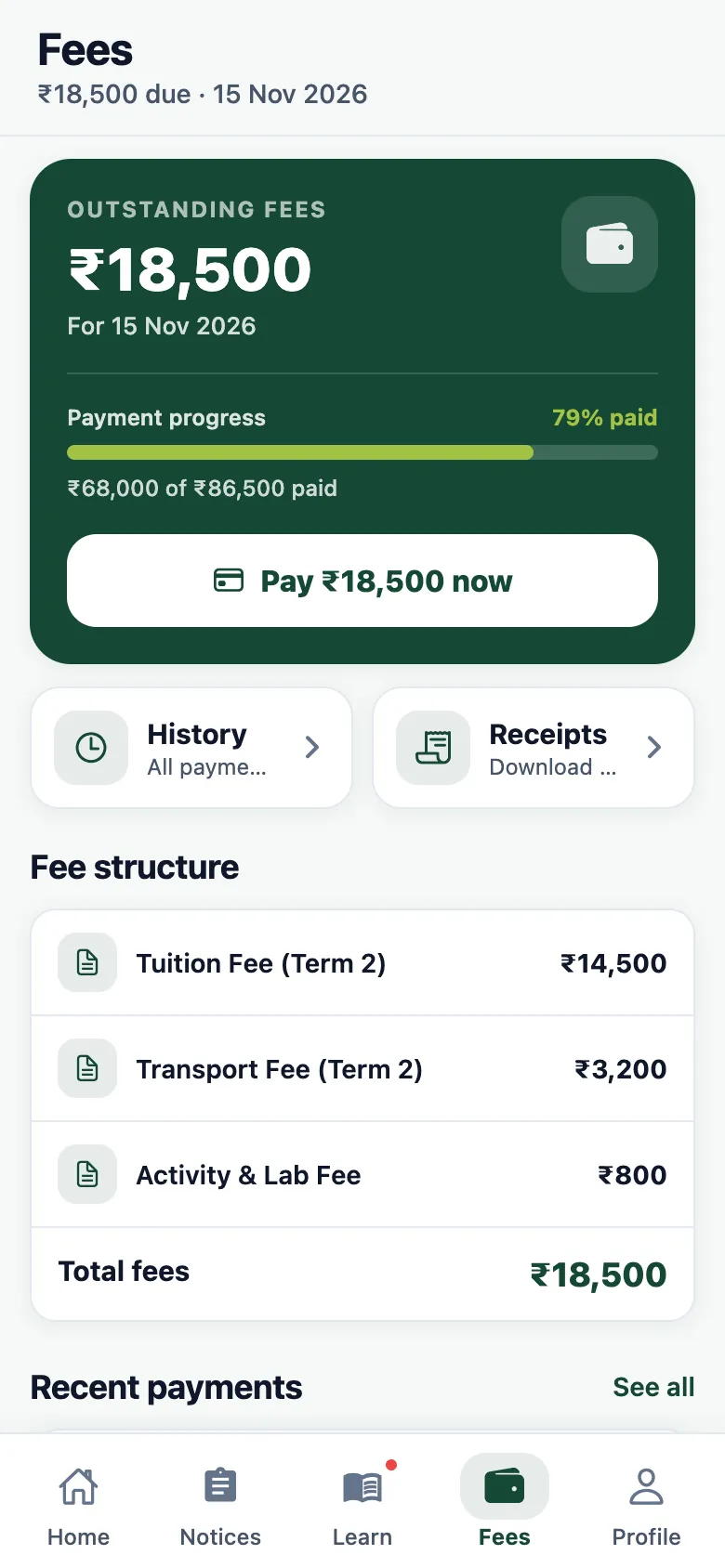 IDPS Students app fee dues with a pay online button