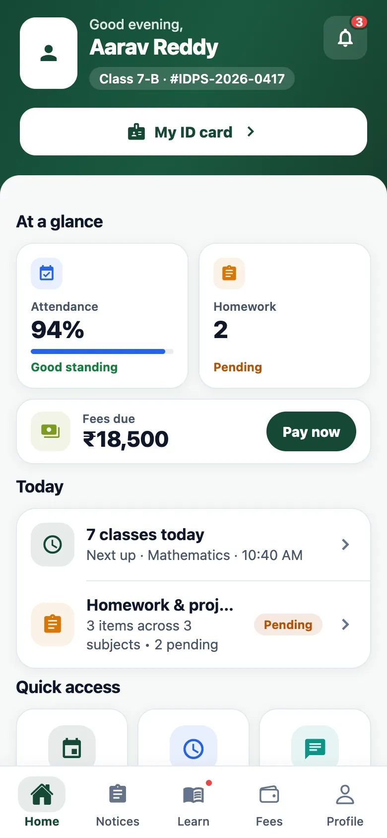 IDPS Students app home screen with attendance, homework and notices