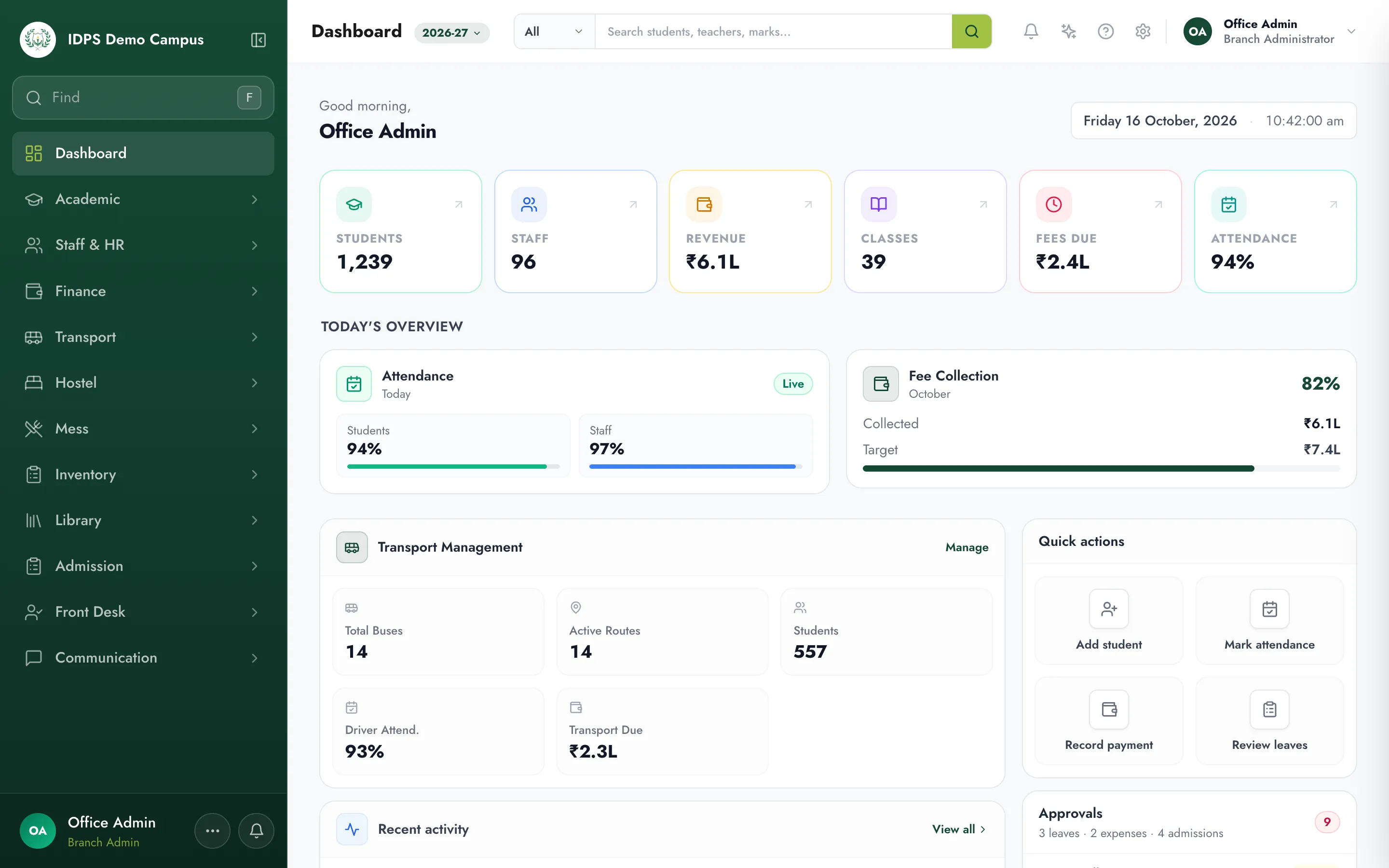 IDPS ERP admin dashboard showing students, staff, fee collection and today's attendance