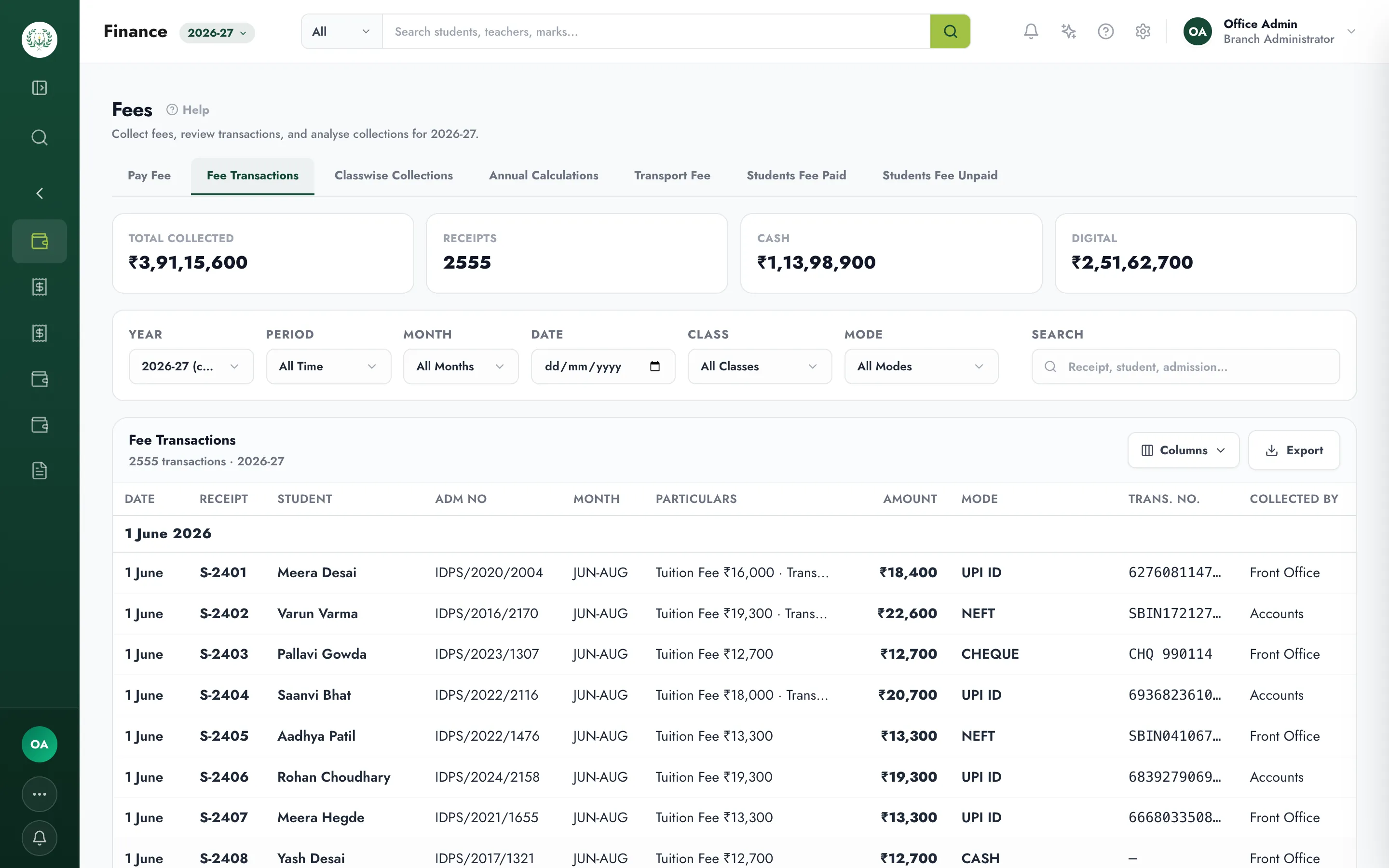Fee payments screen with receipts, payment modes and collection totals